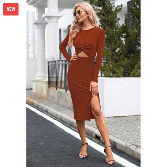 Long Sleeve Midi Dress Bodycon Ribbed Knit Twist Front Cutout - Picture 7 of 8